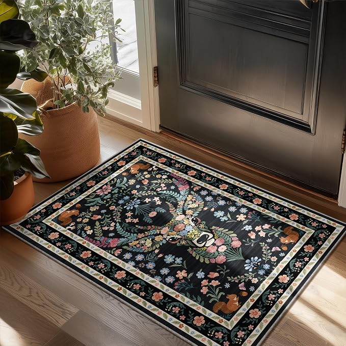 Non-Slip Washable Entry Rug Vintage Floral Deer Pattern 2x3 - Bohemian Forest Animal Carpet with Squirrel & Butterfly, Soft Decorative Area Rug for Living Room Bedroom Home Decor