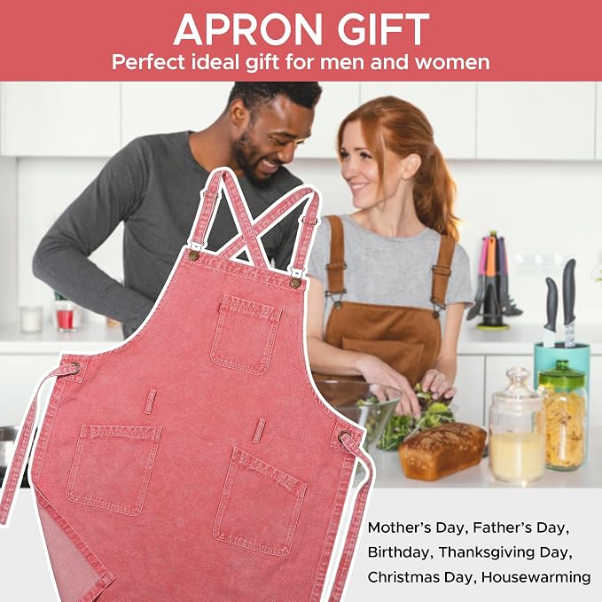 Denim Chef Apron for Women with Pockets, Jean Waitress Server Kitchen Apron for Men Cooking Gardening Painting