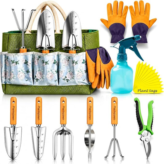 Gardening Tools Set with Organizer Handbag 9-Piece, Heavy‑Duty Rust‑Proof Garden Hand Tools, Wooden Handles,15 Plant Tags, Ideal Gardening Gift for Men & Women