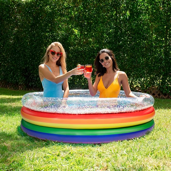PoolCandy Rainbow Glitter Inflatable Sunning Pool for Adults, 60 Inch Round Inflatable Pool for Up to 3 People, Multicolor Glitter Lounge Pool for Backyard Summer Relaxation | Fits Up to 3 People - Multicolour Glitter Design - Backyard Summer Lounge