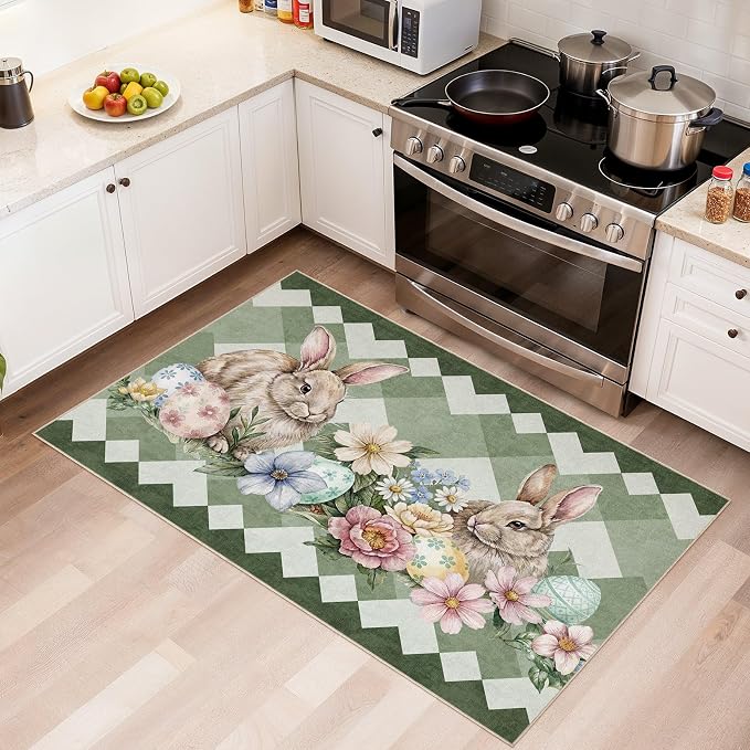 cotiled Area Rug for Living Room, Washable Non-Slip Large Area Rug, Indoor Floor Carpet Low Pile Soft Boho Farmhouse Rug for Bedroom Dining Room Green 3x5