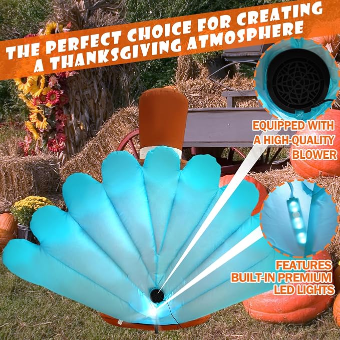 6FT Thanksgiving Inflatable Outdoor Decoration Turkey Inflatable Patio Decoration with Built-in LED Lights, Suitable for Thanksgiving Holiday Party, Patio, Lawn, Garden Winter Decoration
