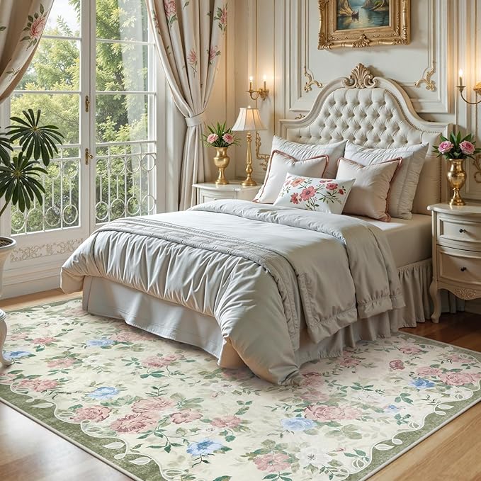 Lahome Cream and Green Vintage Floral 8x10 Rug for Living Room | Large Boho Area Rug Machine Washable, Low Pile Bedroom Rug for Office, Playroom, Dining Room, Nina