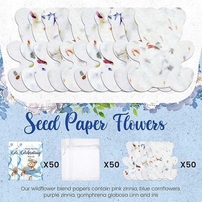 Dunzoom 50 Sets Baby Shower Party Gifts for Guests Little Bear Shaped Seed Paper Handmade Flower Petals Tags Plantable Wildflower Seed Paper Recycled Thank You Cards and Organza Bags for Party Favors