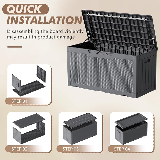 Devoko 100 Gallon Deck Box, Waterproof Resin Outdoor Storage Box with Cushion for Outside and Patio, Large Outdoor Storage Bench Cabinet Lockable for Patio Furniture and Garden Tools (Gray)