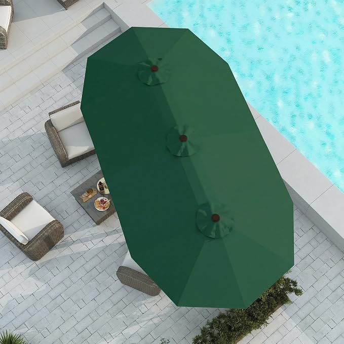15FT Large Patio Umbrella with Base Included, Double Sided Outdoor Market Umbrella with Flexible Fiberglass Ribs, UV-Blocking Extra Large Umbrella for Garden, Pool, Deck, Forest Green