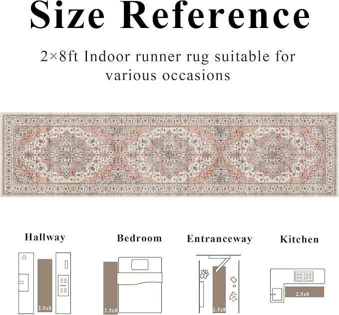 2x8 Vintage Runner Rug Low Pile Non-Slip Washable Hallway Rug | Retro Distressed Print Rug Non-Shedding Beige Pink Carpet Stain Resistant Long Rug for Hallway Kitchen Bedroom Laundry Room