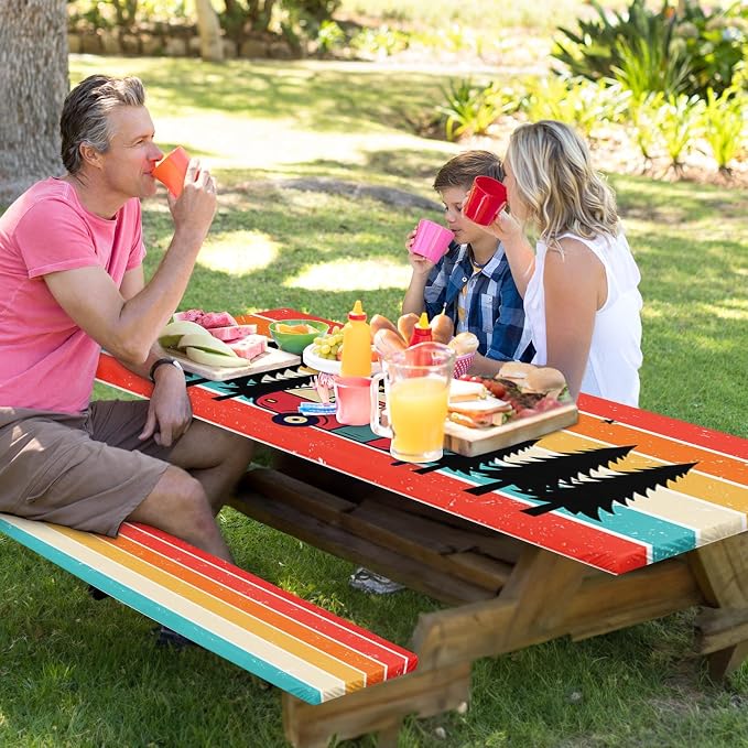 Picnic Table Cover with Bench Covers Elastic Edges, Rainbow Camper Fitted Table Cover, Outdoor Camping Essentials 72 Inch 3PCS, Waterproof Camping Fitted Tablecloth with Drawstring Bag