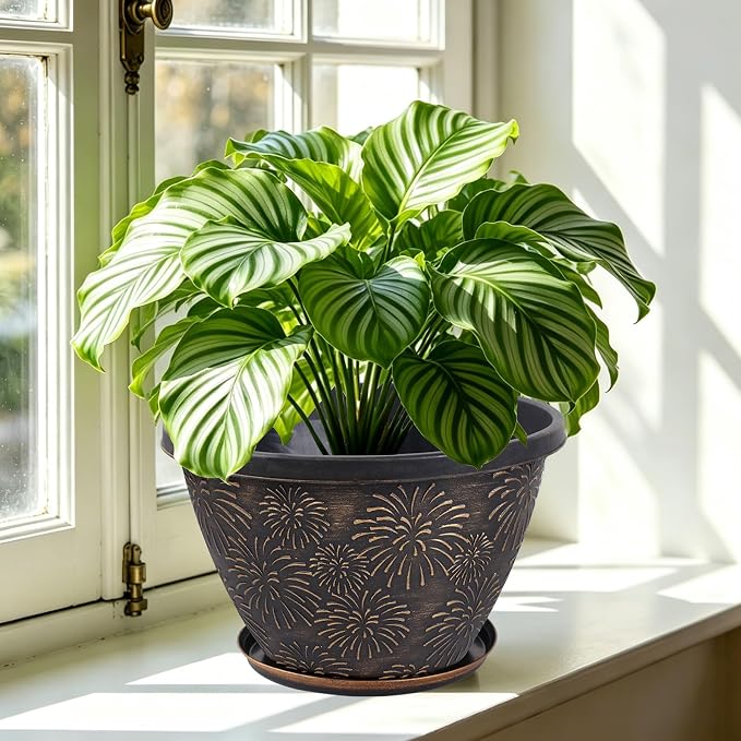 Nooulap 4 Pack 10 Inch Flower Pots with Drainage Holes and Saucers, Plant Pots for Indoor Outdoor Plants,Antique Gold Firework Embossed Plastic Planters for Balcony Patio Porch Garden Decor