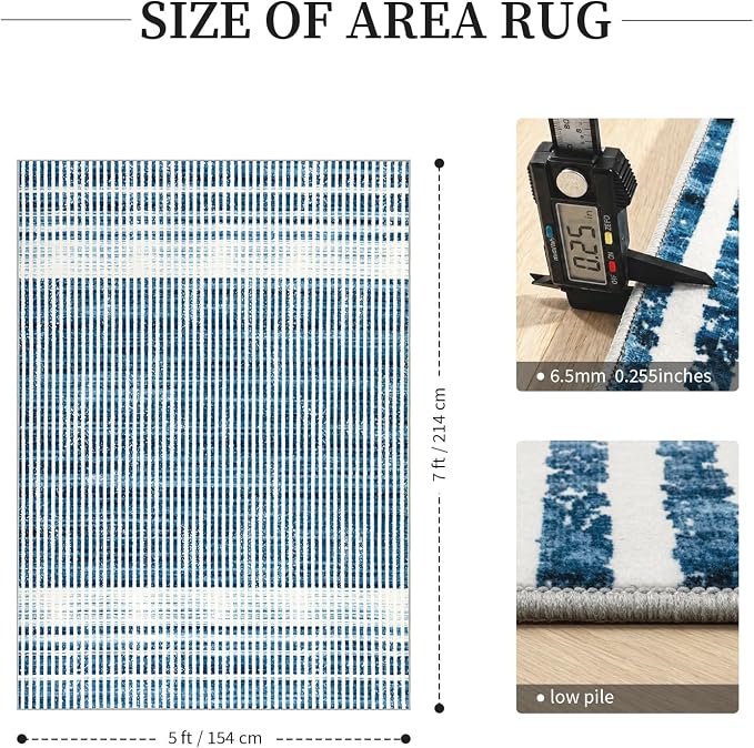 Washable 5x7 Modern Striped Area Rug, Abstract Living Room Rug | Beige Blue, Soft Low Pile, Skin Friendly, Non-Slip for High Traffic, Bedroom Vintage Coastal Nautical Style Home Decor