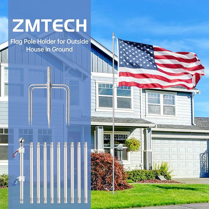 ZMTECH 12 FT Flag Pole in Ground, Heavy Duty Flag Pole Holder for Outside House with 5 Pronges Base, Extra Thick Flag Pole Kit for Yard Outdoor Garden Decor Residential Commerical Silver