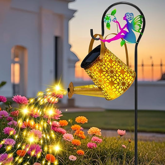Solar Lights Garden Decorative, Solar Watering Can with Cascading Lights, Waterproof Metal Lantern with Fairy Shepherd Hook, Outdoor Decor for Yard, Patio, Lawn, and Pathway, Gardening Gifts for Mom