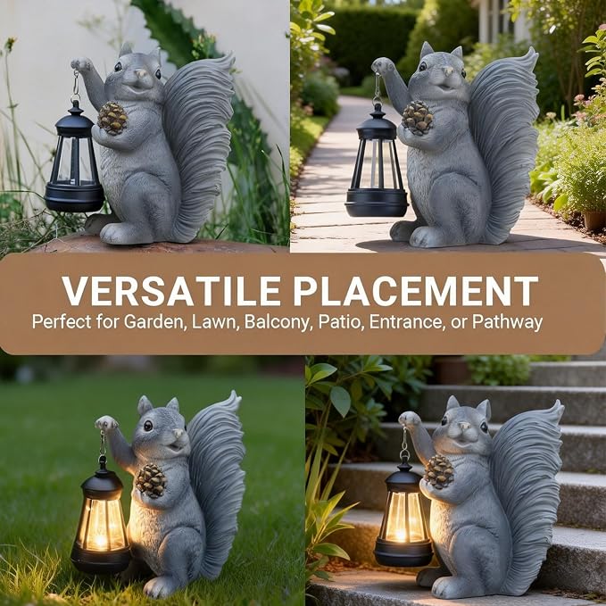 Solar Squirrel Garden Statue Outdoor Decor, Squirrel Sculpture with Lantern for Yard Lawn Patio Balcony, Birthday Housewarming Gifts for Mom, Grandma, Women, Resin, Grey