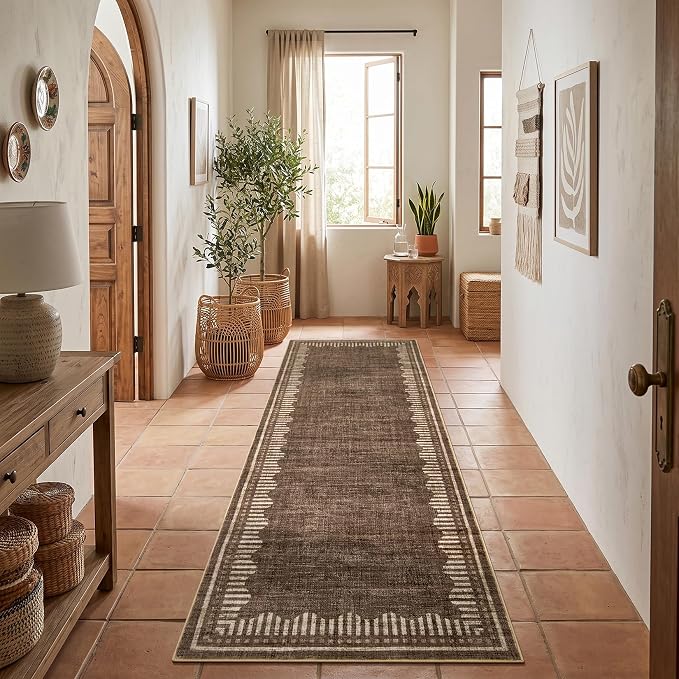 Garvee 2x8 Runner Rug Hallway Kitchen Washable Neutral Solid Brown Runners | Low Pile Stain Resistant Modern Geometric Living Room Bedroom Long Runner Throw Carpet Scalloped Nuesery Entry Area Rugs