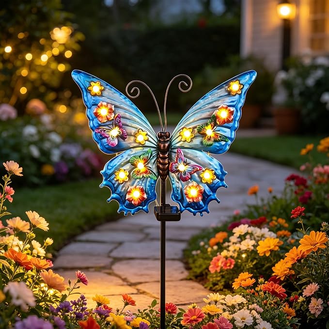 Butterfly Solar Lights Outdoor Waterproof 50.0" Large with String Bulbs and Flowers, Solar Garden Stakes Butterfly Yard Decor Gardening Gifts for Women Mom Grandma Gardeners Enthusiasts