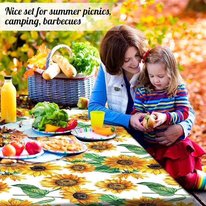 Boao 3 Pcs Vinyl Picnic Table Cover with Bench Cover 6 ft 30 x 72 Inch Waterproof Fitted Tablecloth Flannel Backing Rectangular Elastic Edged for Camping Outdoor Patio Travel(Sunflower)