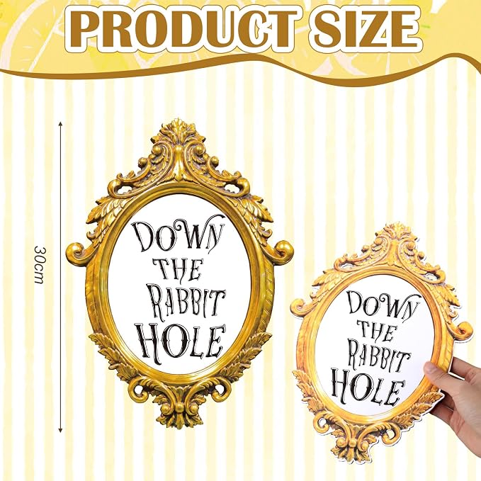Preboun Wonderland Tea Party Decor Outdoor 11.81 x 8.66'' Down The Rabbit Hole Garden Decor Yard Sign Vintage Waterproof Gold Oval Mirror Tea Party for Wonderland Birthday Baby Shower Lawn Garden