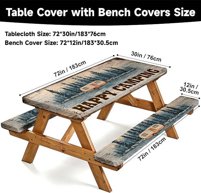 NYZE 3 Pieces Happy Camping Picnic Table Cover with Bench Covers Set, Elastic Edge Camping Tablecloth, Tablecloth Cover with Drawstring Bag, Camping Essentials for Outdoor RV Picnic Travel, Patio, BBQ