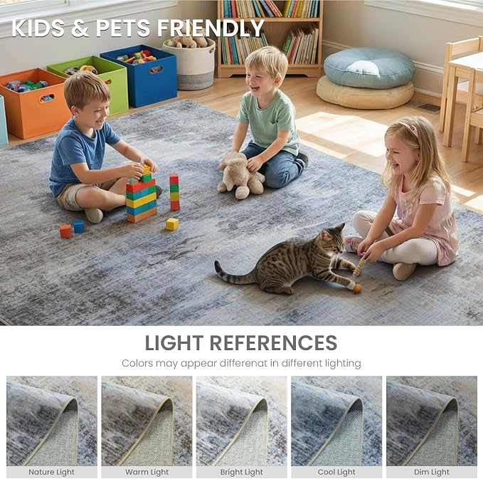 4x6 Modern Abstract Washable Area Rug for Living Room Soft Non-Slip | Low Profile Rugs for Bedroom, Cool Floor Carpet for Dining Room, Office, Kids Nursery Home Decor, Misty Blue Beige Gray