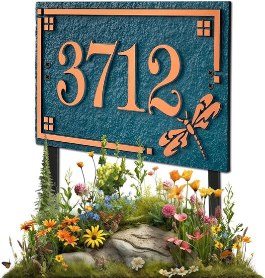 House Address Sign Address Plaque for Outside Custom Street Name Address Sign House Number with Lawn Stake (Green/Copper)