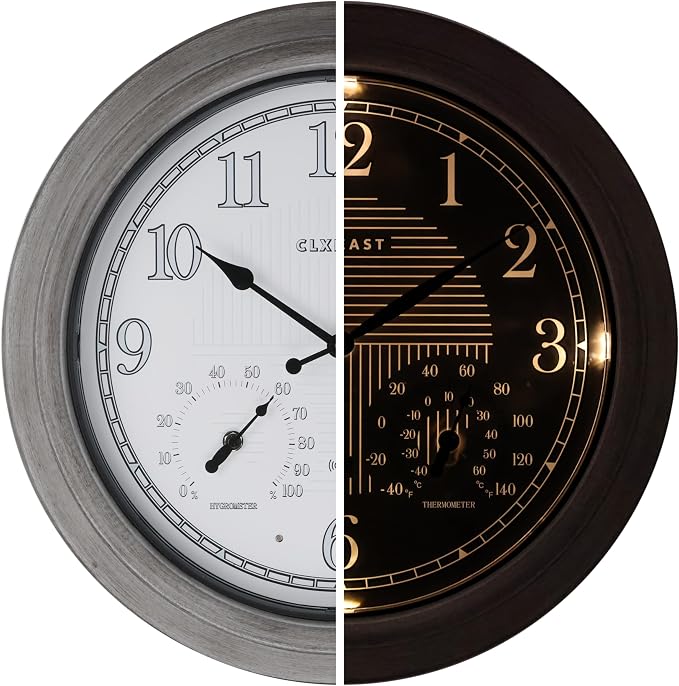 CLXEAST 18 Inch Farmhouse Illuminated Outdoor Atomic Wall Clock with Thermometer & Hygrometer Combo, Night Lighted Wall Clock with Smart Sensor,Brushed Grey Oak Finish