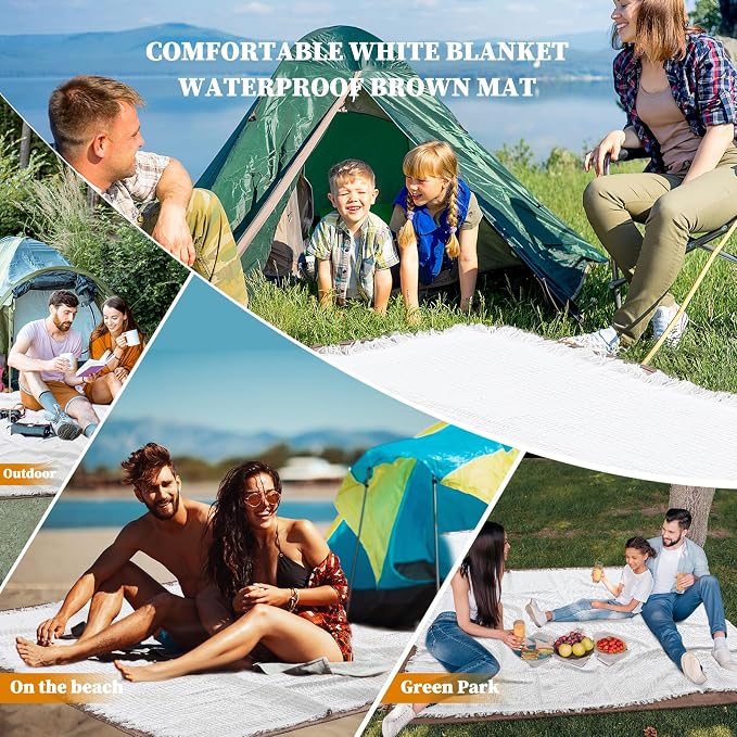 stylish white picnic blanket waterproof and sandproof,all-weather 2-in-1 dual-layer beach blanket for families, outdoor adventures and pets (Grid pattern)