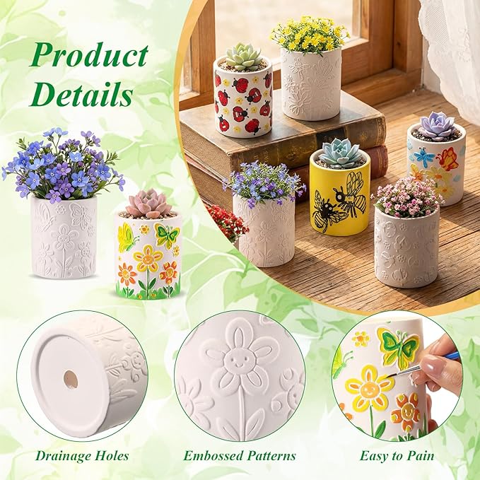 Zubebe 12 Pcs Paint Your Own Ceramic Pots Bulk Unfinished Succulent Pots Craft Kit with Drainage Hole Mini Paintable Plant Vase Ready to Paint Planter for Cactus DIY Craft (Insect)