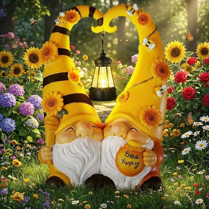 Kathfly Solar Bee Gnome Statue Gifts 11.8 Inches Garden Resin Sunflower Bee Gnome Statue with Solar Lights Double Cute Gnomes Statues for Birthday Gift Yard Patio Lawn Porch Decor