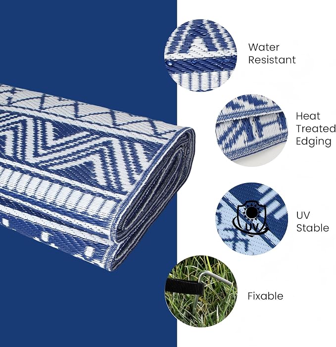 Outdoor Rug 6 x 9 ft, Reversible Plastic Straw Rug for Patio, Waterproof Large Outdoor Carpet for RV, Patio, Camping, Backyard, Deck, Picnic, Beach, Navy & White