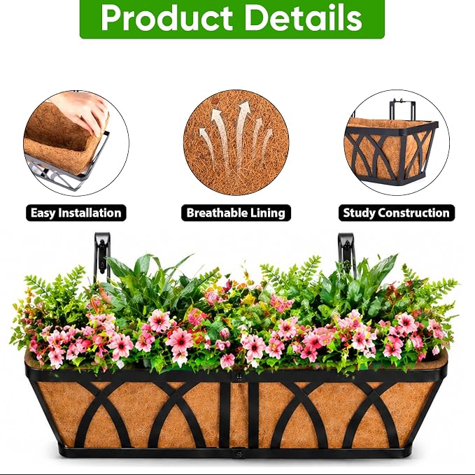 HKZ Deck Balcony Railing Planter Window Boxes - 4 Pack 24 Inch Planter Box, Balcony Planters Railing Hanging, Window Boxes Outdoor Fence Planters