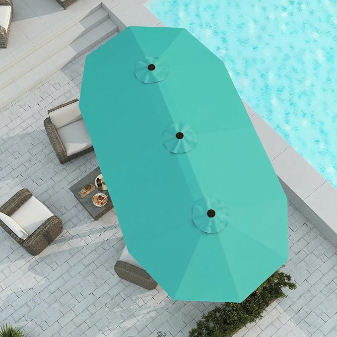 15FT Large Patio Umbrella with Base Included, Double Sided Outdoor Market Umbrella with Flexible Fiberglass Ribs, UV-Blocking Extra Large Umbrella for Garden, Pool, Deck, Turquoise Blue