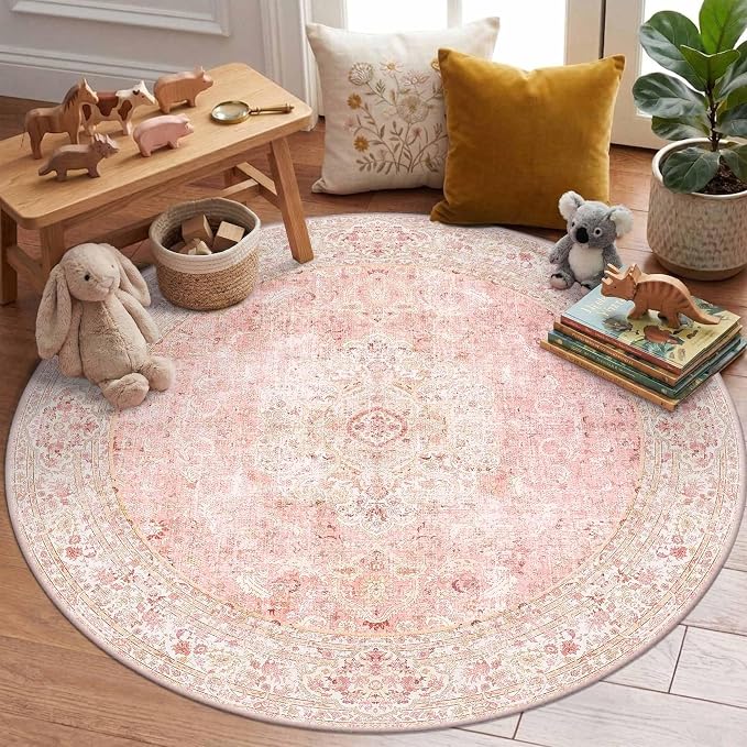 Latte&Fog 4ft Pink Round Area Rug for Girl Bedroom Washable Cute Circle Rug | Non Slip Low Pile Soft Floral Small Carpet for Kids Playroom Nursery Classroom Dorm Decor Dining Kitchen Farmhouse Office