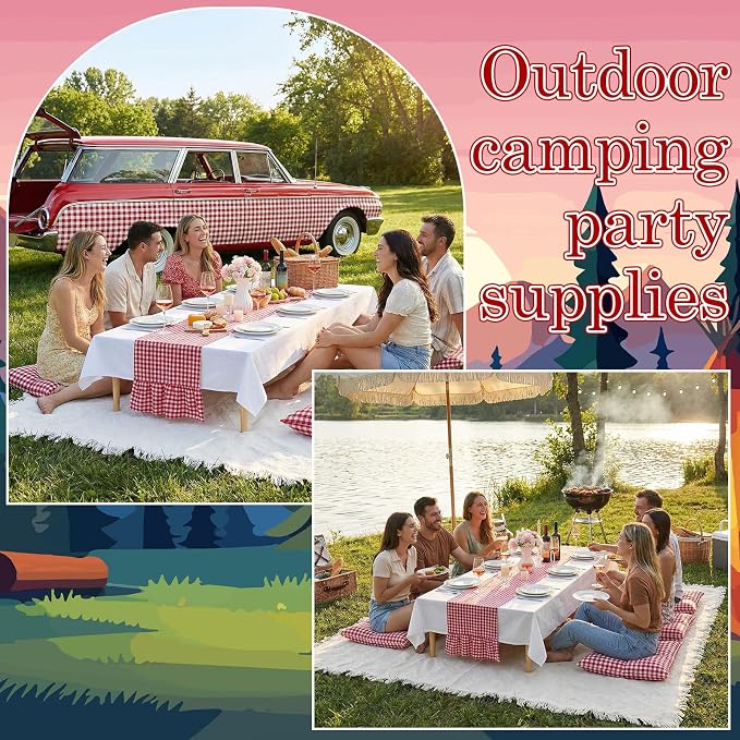 Extra Large Outdoor Boho Picnic Blanket Set with Plaid Table Runner, 6 Pillow Covers 6 Napkins, 91x71 Inch Oversize Woven Cotton Machine Washable Beach Mat for Camping Wedding Picnic