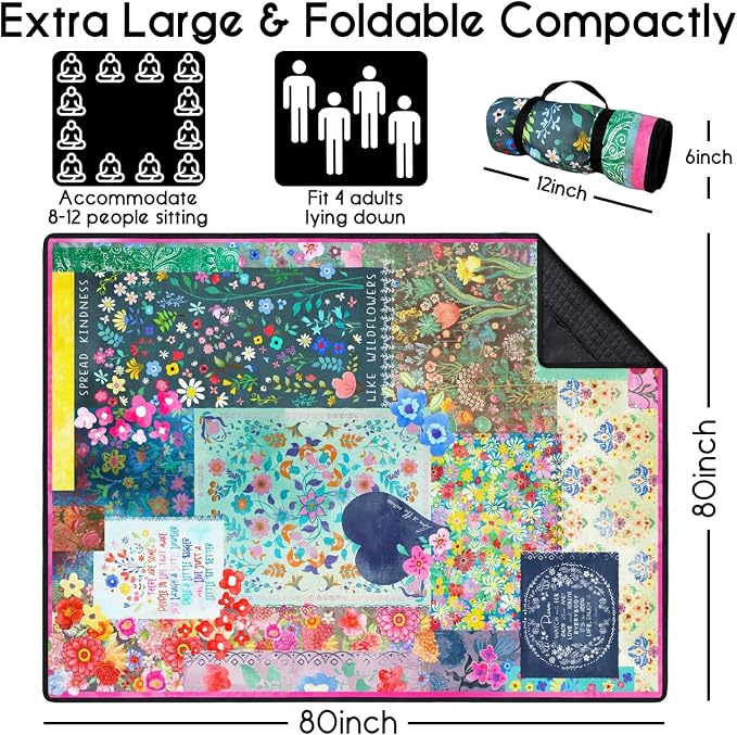 Picnic Blankets Waterproof Foldable Extra Large, 80"x 80" Outdoor Beach Blanket Waterproof Sandproof, 3-Layer Lightweight Handy Mat Tote Picnic Camping Rugs for Outside Your Rv