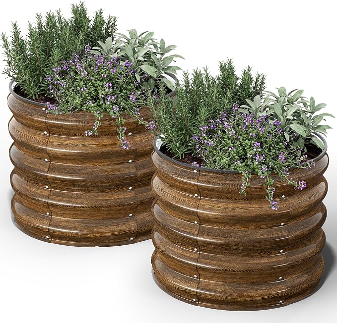 Kesfitt Round Metal Raised Garden Bed, 2x2x1.5 FT, 18-Inch Deep Galvanized Steel Garden Bed with Open Bottom for Outdoor Vegetables & Herbs, Walnut Finish, 2 Pack