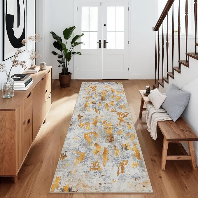 Gold Runner Rugs for Hallway: Abstract Washable Runner Rug 2x6 for Entryway Kitchen Bedroom Bathroom - Modern Cozy Home Decor Long Carpet Mat Stain-Resistant