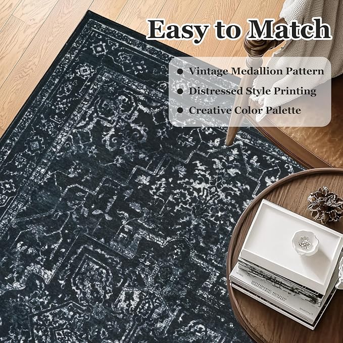 Distressed Black Rugs for Living Room 6x9, Low Pile Thin Area Rugs for Bedroom Manchine Washable Non Slip, Dark Medallion Pinted Carpet for Dining Room Guest Room Home Office