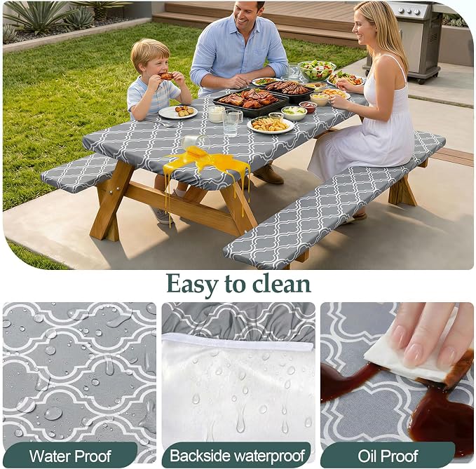 Play Tailor Picnic Table Cover with Bench Covers Camping Essentials Waterproof Windproof Camping Tablecloth with Drawstring Bag, Fitted Rectangle Tables and Seats, 72in, Grey