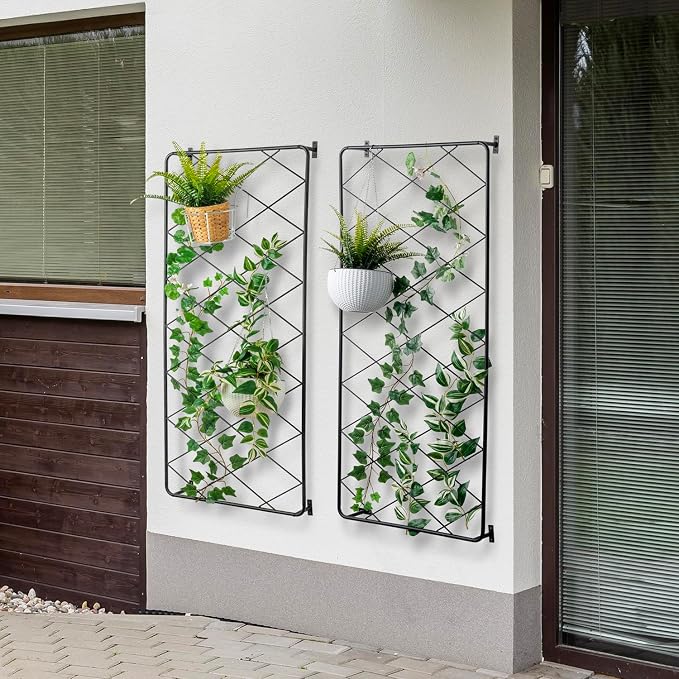 MyGift 50"x24" Wall Mounted Garden Trellis, Black Metal Lattice Panels for Outside, Hanging Lattice Support Frame for Outdoor or Indoor Climbing Plants, Set of 2 Panels