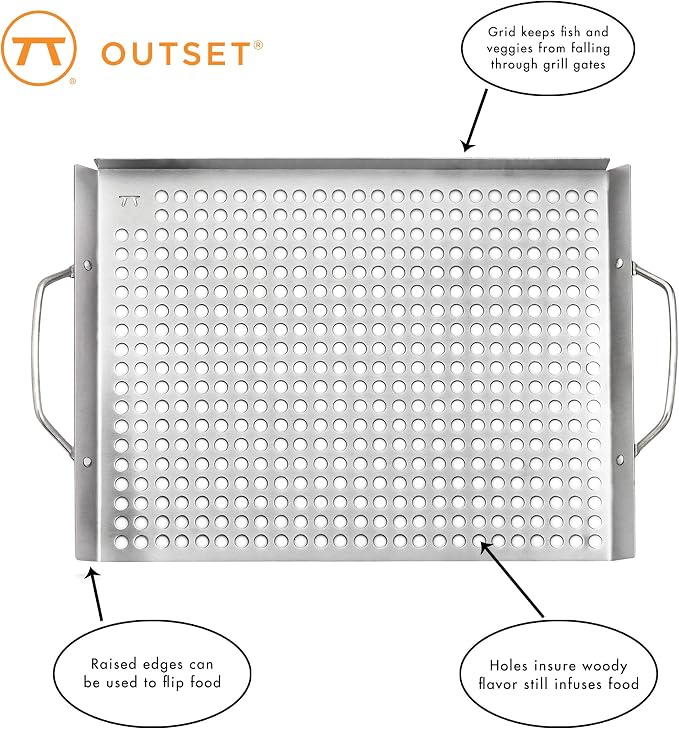Outset 76632 Stainless Steel Grill Topper Grid, 11"x17" BBQ Tray | Stainless Steel Grill Topper | BBQ Veggie Grill Tray | Easy to Carry | Seafood Grill Tray With Holes | Infuses Flavor