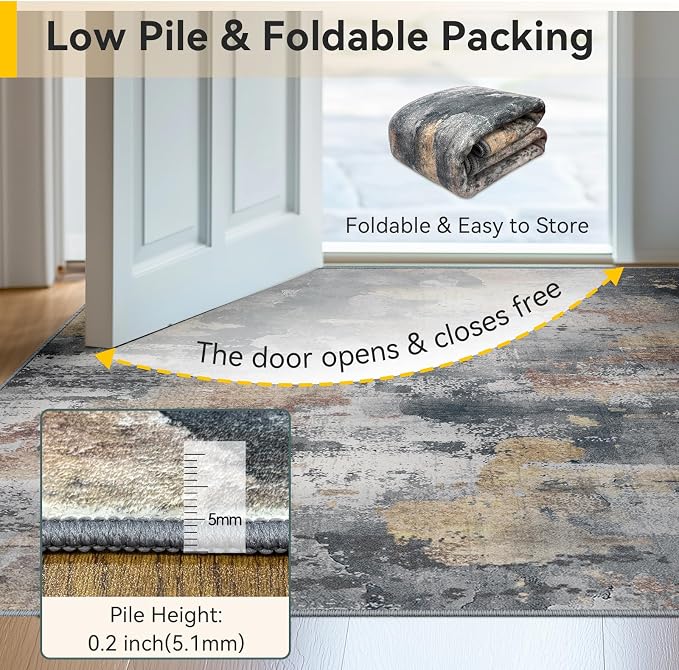 RELEANY Washable 5'x7' Abstract Area Rug for Living Room Ash Brown | Carpet for Bedroom, Kitchen, Office, Hallway and Entryway, Printed Pattern, Non‑Slip, Soft, Stain‑Resistant, Easy to Clean
