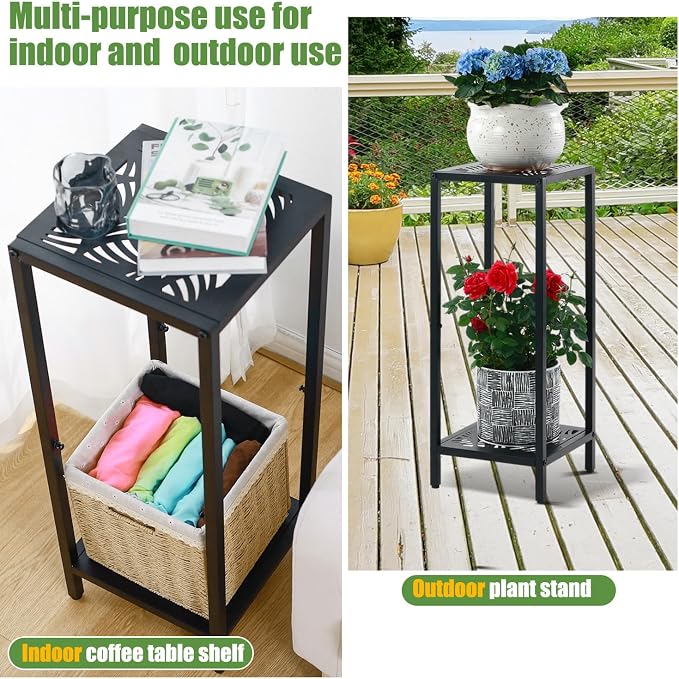 Party Zealot 2-Tier Tall Metal Square Plant Stand 31" Heavy-Duty Modern Flower Pot Rack for Indoor Living Room, Corner Side Table for Outdoor Patio, Garden, and Balcony Black, Leaf