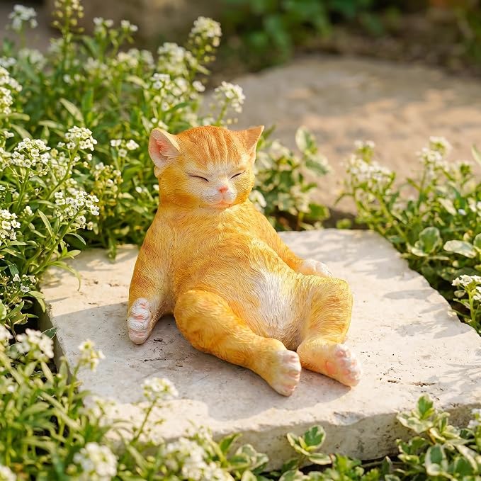 Cat Garden Statue Outdoor Decor,Pet Memorial Stone,Sleeping Cat Statue,Resin Cat Figurine Garden Sculpture Patio Decor,Headstones for Cats or Thoughtful Sympathy Gift,9.8" L x 5.9" W x 6.7" H