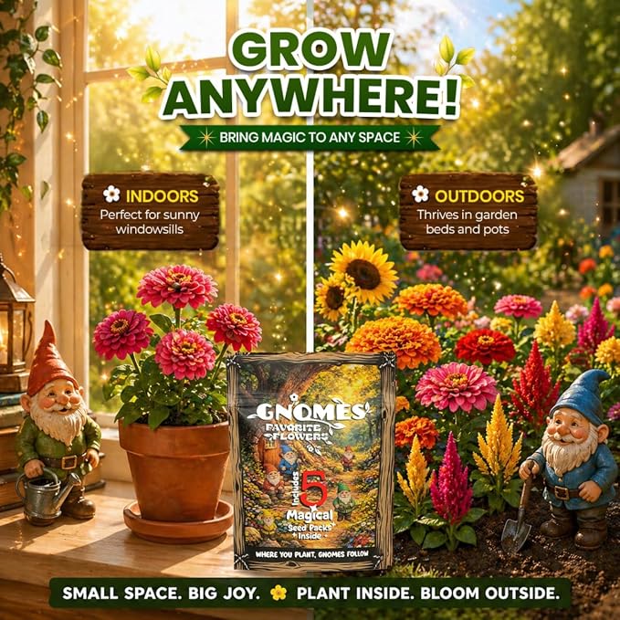 Gnome Garden Seed Kit - 5 Flower Seeds Varieties - Reach Milestones, Get Keepsakes - Dwarf Zinnia, Dwarf Sunflower, Celosia, Marigold, Nasturtium - Flower Seeds for Pollinators, Indoor, Outdoor