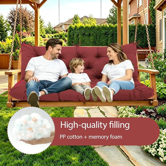 Durable Extra 5" Thick Waterproof Porch Swing Cushions Outdoor 60 inch Fade-Resistant Swing Bench Cushions 3 Seater Replacement with Backrest for Outdoor Patio Backyard Furniture(Wine Red)