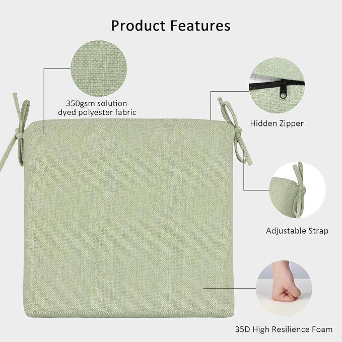 Outdoor Chair Cushions Set of 4,350GSM Fabric,Water-Resistant UV Resistant Weather Resistant with YKK Zippers, Square Corner Patio Chair Cushions with Ties, 20"x20"x3.1",Sage