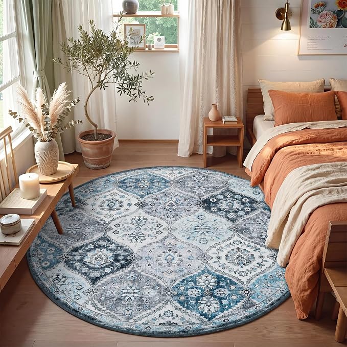 ROYHOME Washable Round Rug 4ft Moroccan Trellis Washable Area Rug | Stain Resistant Non-Slip Circle Rug Vintage Distressed Round Throw Carpet for Living Room Kids Room Playroom, Blue/Grey