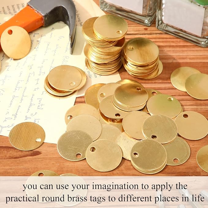 Hicarer 500 Pcs Solid Tags for Stamping Round Key Tags Blanks with Hole for Pets Plants Doors Pipe Valves Equipment Tool and Keys Labeling (Brass,1.25 Inch)