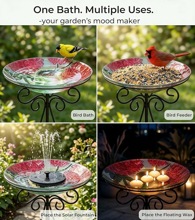 Large Bird Bath for Outside, 18" D Glass Bath Bowl with Metal Stand 28" H Standing Outdoor Birdbaths for Garden Yard Lawn Decor, Hummingbird-Red-New