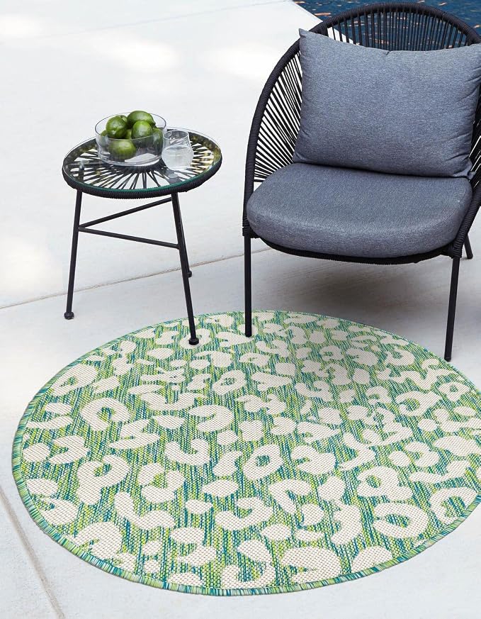 Unique Loom Outdoor Safari Collection Area Rug - Leopard (13' Round, Green Blue/ Ivory)
